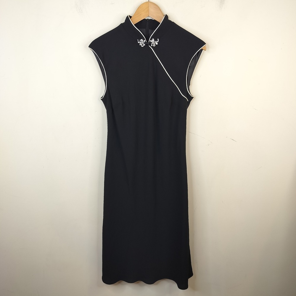 Evan Picone Mandarin Collar Cheongsam Dress 12 Midi Y2K Classic Black